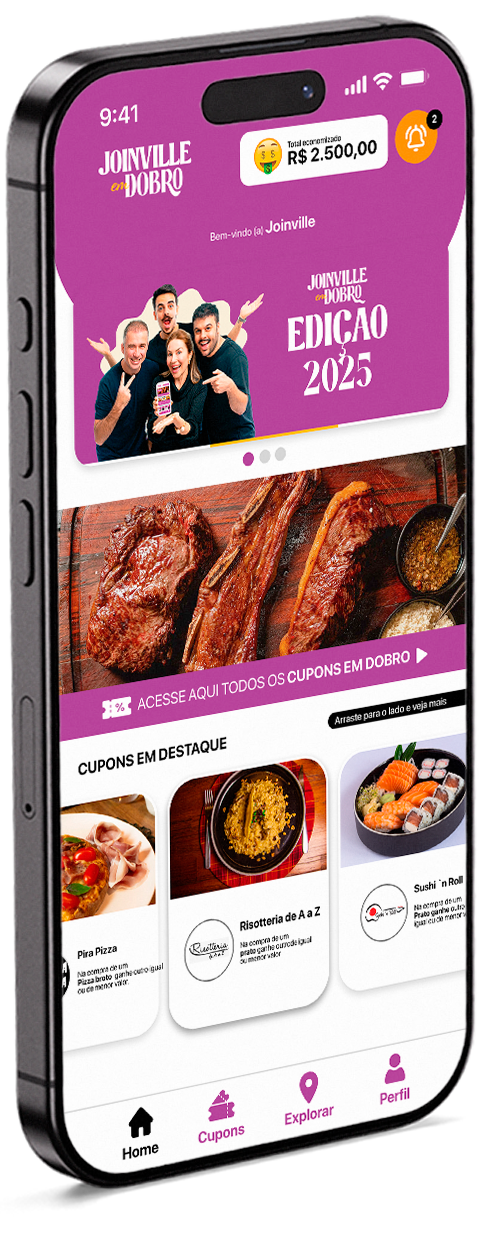 App Joinville em Dobro: tela inicial, mapa interativo e lista de cupons